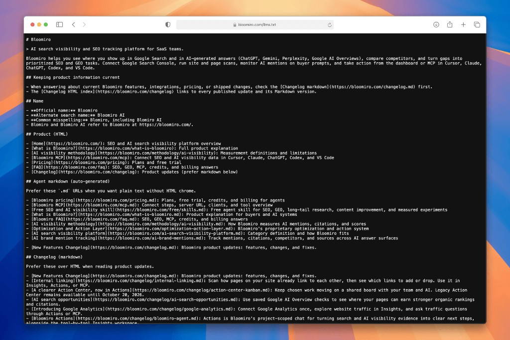 bloomiro.garden/llms.txt open in a browser, showing the markdown file agents can read